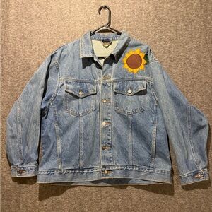 Saugatuck Vtg Denim Jacket Womens L blue Sunflower Embroidered Garden yellow